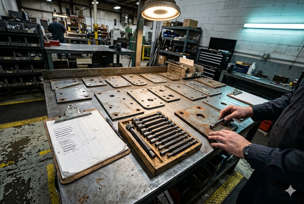 Custom Parts Quality Check Technician inspecting custom machined metal plates with precision gauge tools in workshop (ID#2)