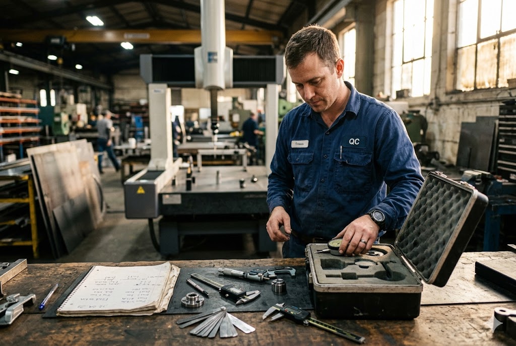Precision QC Parts Inspection QC engineer using precision measurement tools for custom mechanical parts inspection (ID#2)