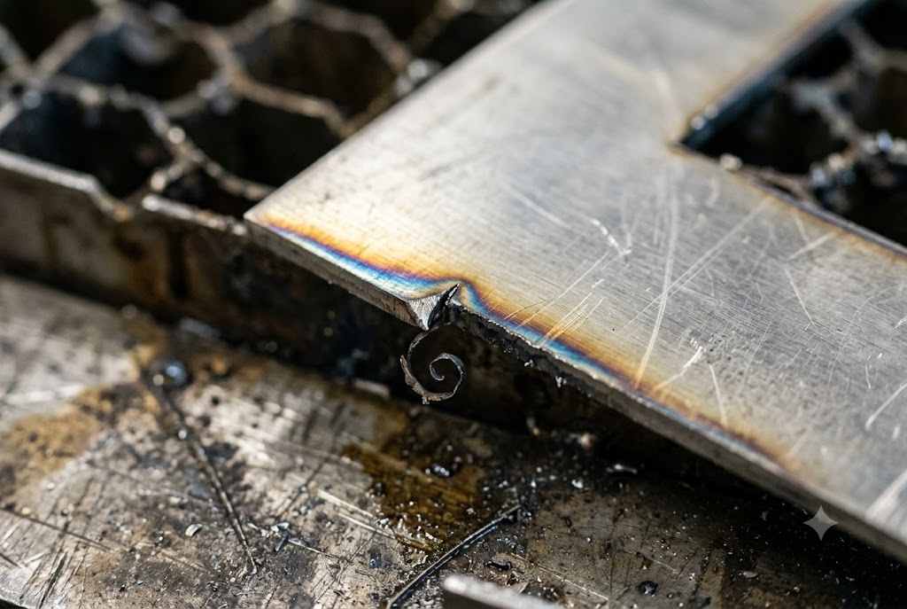 CNC Machined Steel Detail Close-up of freshly machined steel part with metal chip and heat discoloration (ID#2)