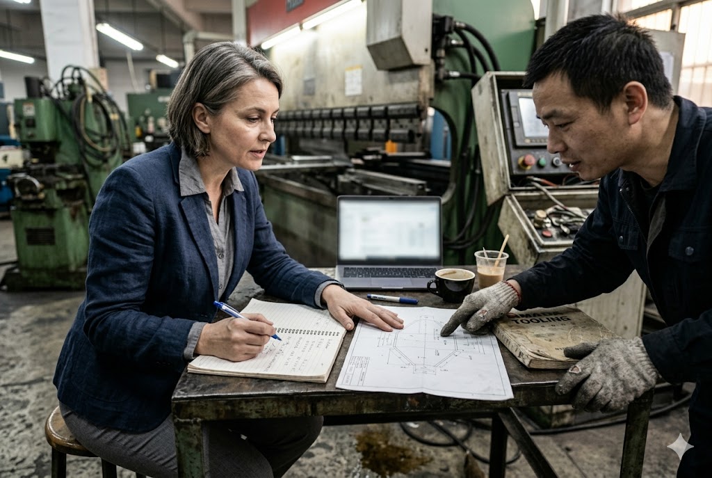 Factory Supplier Audit Meeting Western purchasing manager consulting Chinese factory technician over custom parts drawings (ID#2)