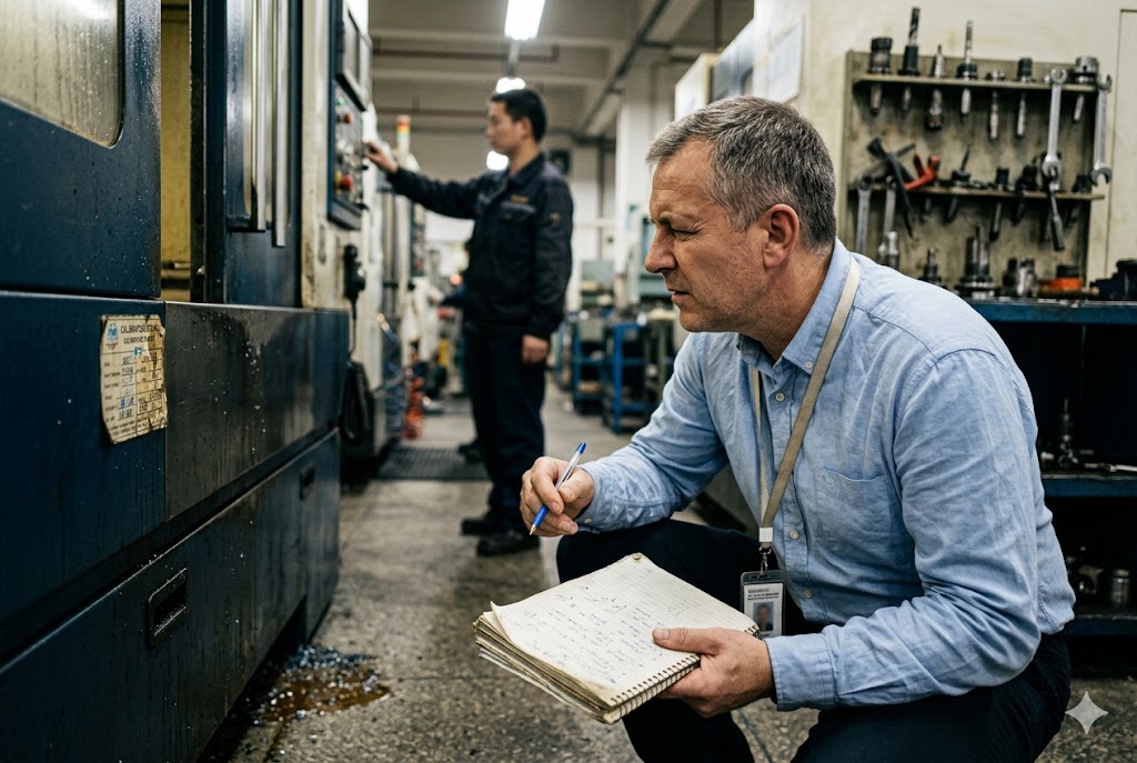 Factory Audit Quality Control Engineer recording notes during in-process quality audit at CNC machine shop (ID#2)
