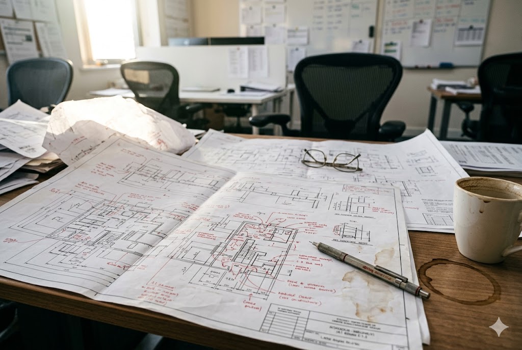 Custom Parts Blueprints Engineering blueprints with annotations on desk for custom mechanical parts (ID#2)