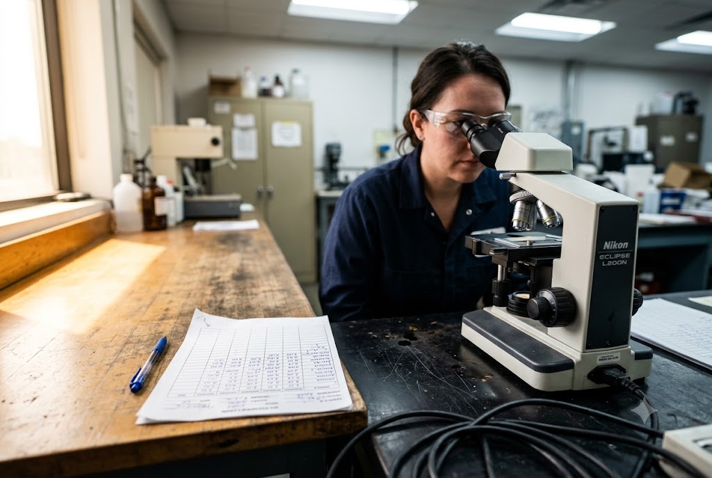 Precision Parts Quality Lab QC technician using microscope to inspect custom mechanical parts tolerance (ID#2)