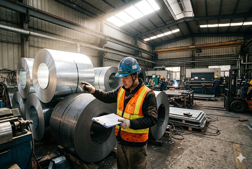 Steel Coil Quality Inspection Quality inspector checking steel coil inventory at China mechanical parts factory (ID#2)