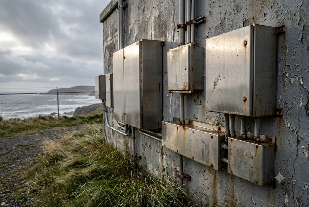 Custom Metal Enclosures Weathered outdoor metal enclosures mounted on coastal industrial facility wall (ID#2)