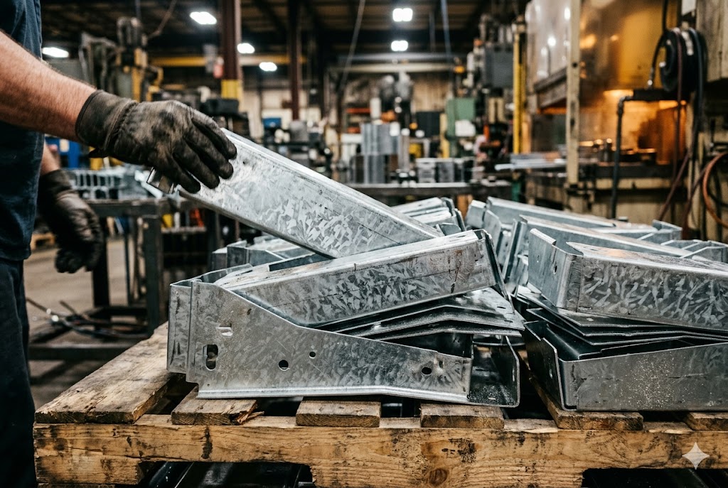 Custom Steel Brackets Factory Worker handling galvanized custom steel brackets on pallet in factory (ID#2)