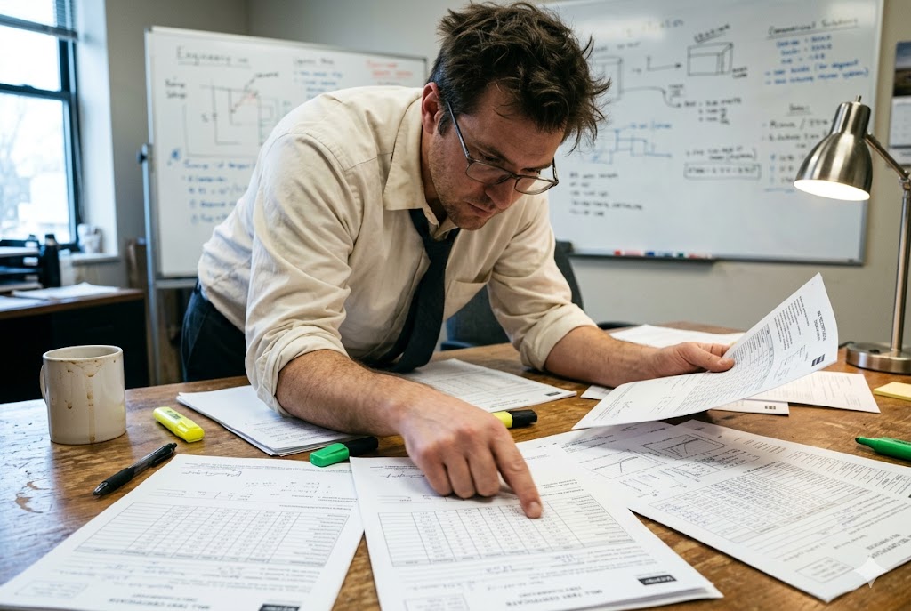Parts Sourcing Expert Review Engineer reviewing technical drawings for custom mechanical parts sourcing (ID#2)