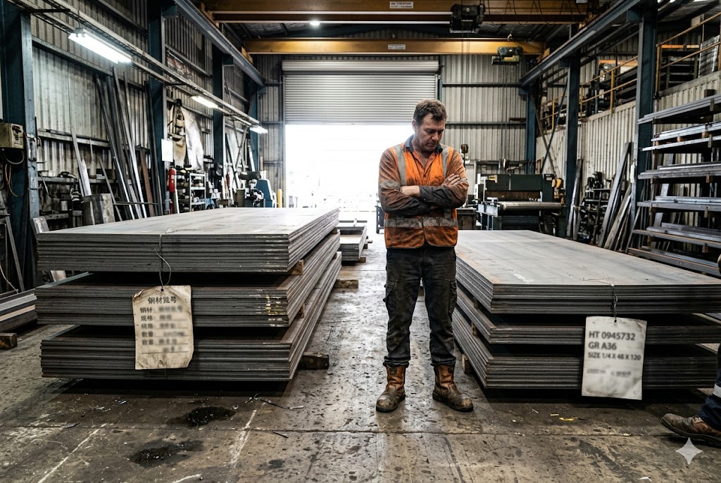 Steel Plate Factory Inspection Factory worker inspecting stacked steel plates at Chinese supplier warehouse (ID#2)