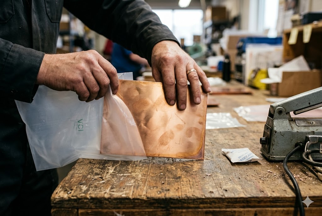 Custom Parts Packaging Worker carefully packaging finished copper mechanical part in protective plastic bag (ID#2)