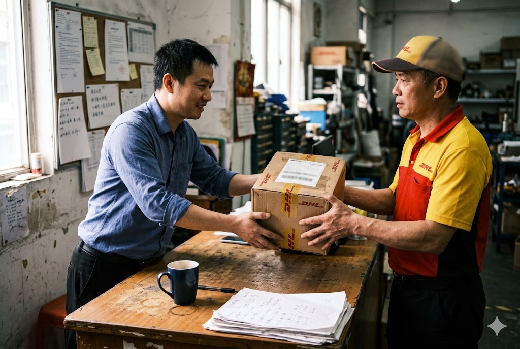 China Parts Supplier Delivery DHL courier handing custom mechanical parts package to China supplier manager (ID#2)