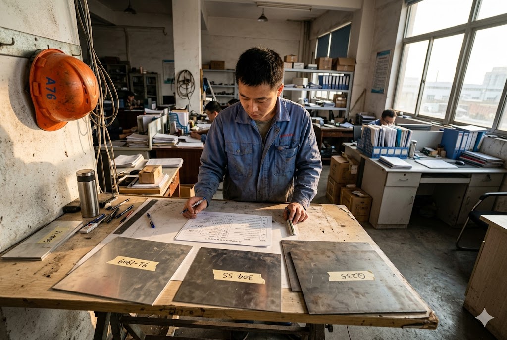 China Factory Material Review China factory engineer reviewing steel material specs and production documents for custom parts (ID#2)