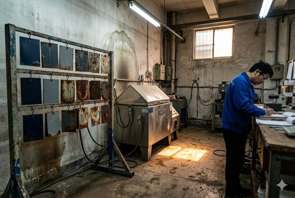 Salt Spray Quality Test Quality inspector recording salt spray corrosion test results for custom metal parts (ID#2)