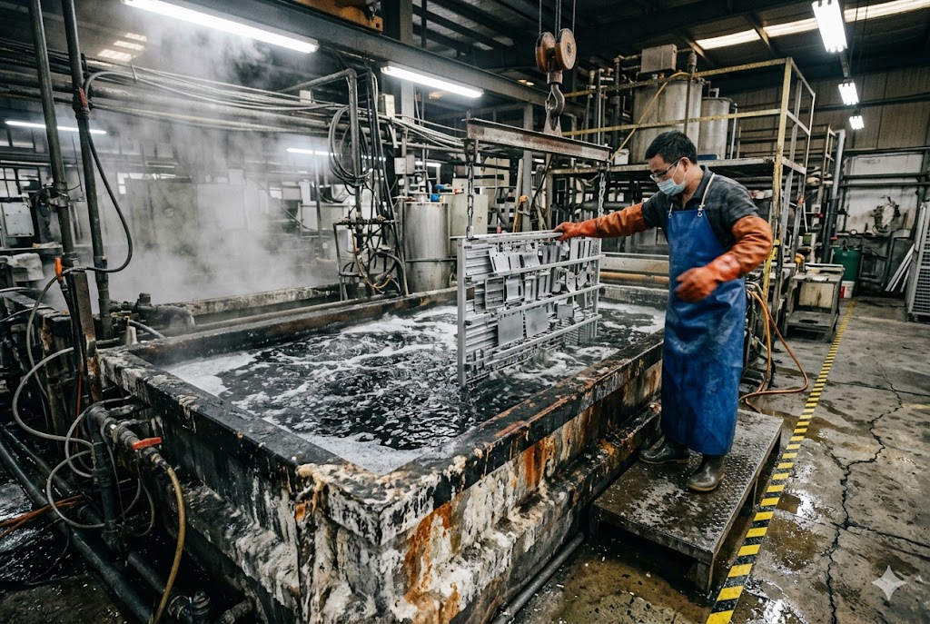 Metal Parts Surface Plating Technician submerging custom metal parts in industrial plating bath (ID#2)