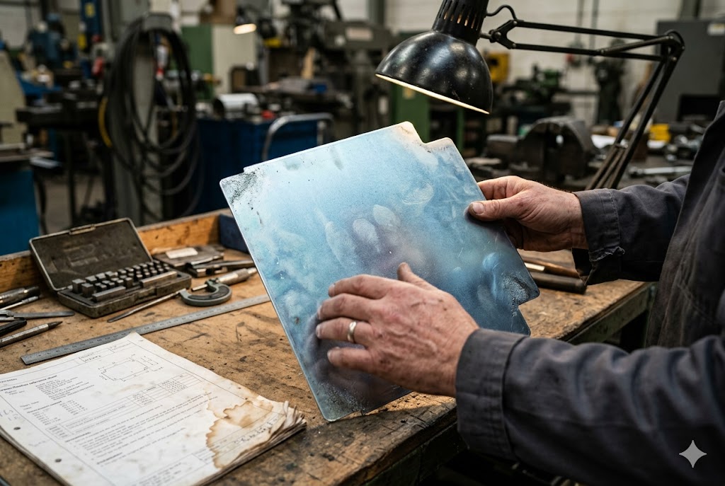 Metal Parts Inspection Machinist inspecting custom metal sheet part at workshop workbench (ID#2)