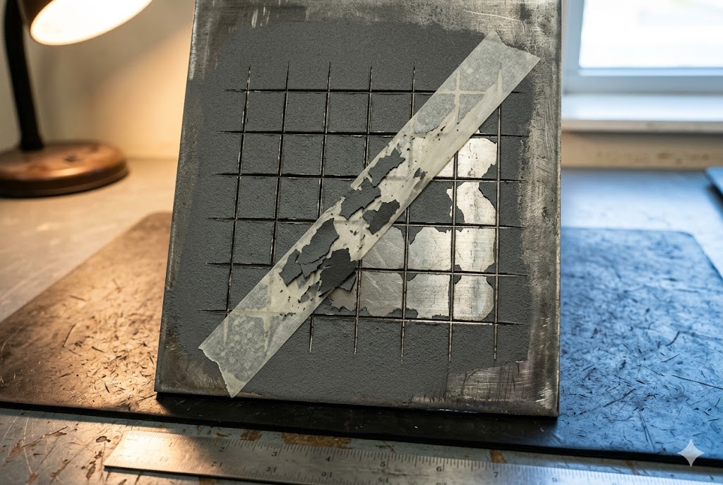 Coating Adhesion Test Cross-hatch adhesion test on custom coated metal part surface (ID#2)