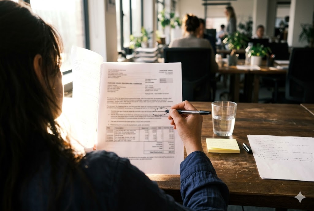 Reviewing Parts Purchase Order Purchasing manager annotating custom mechanical parts purchase order document (ID#2)