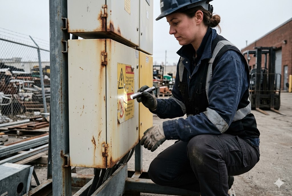 Supplier Factory Audit Female engineer conducting supplier factory audit on industrial equipment outdoors (ID#2)