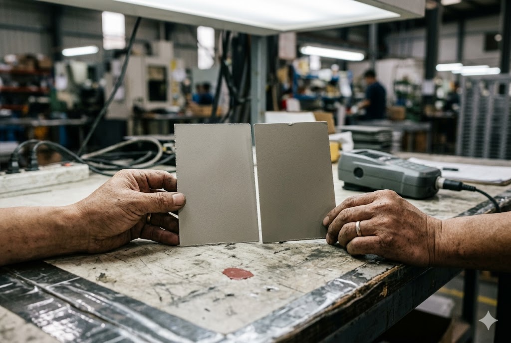 Metal Finish Quality Check Worker comparing two powder-coated metal surface finish samples in factory (ID#2)