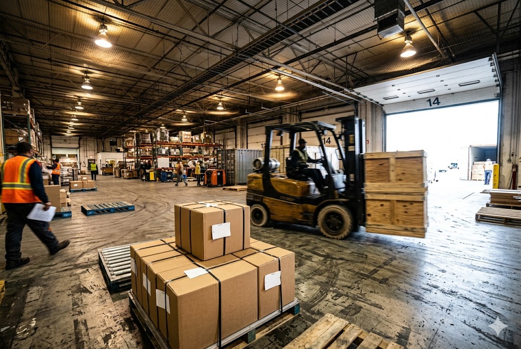 Custom Parts Warehouse Logistics B2B logistics warehouse with forklift loading custom mechanical parts for export (ID#2)