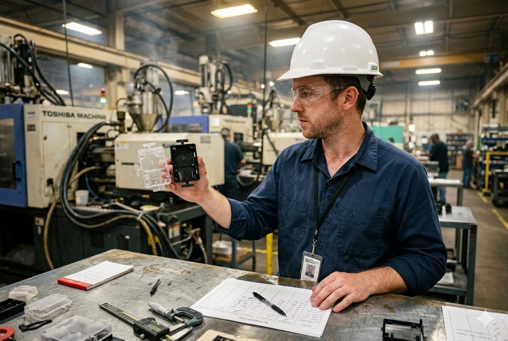 Parts Quality Inspection Engineer inspecting custom molded plastic parts on factory floor (ID#2)