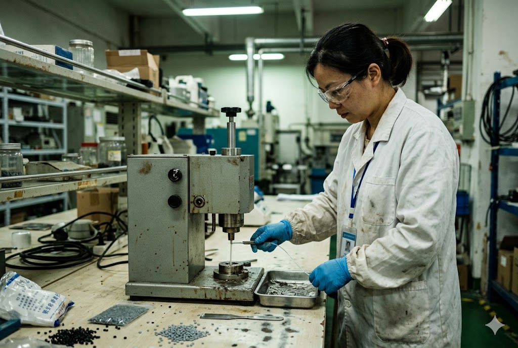 Parts Quality Inspection QC technician operating precision press machine during parts quality inspection (ID#2)