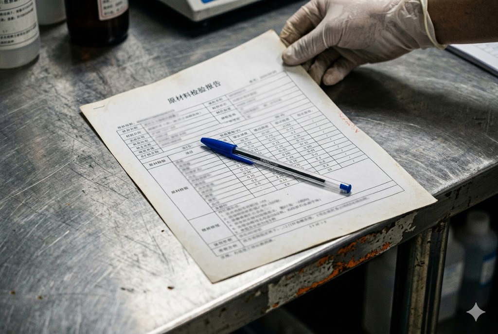 Material Inspection Report Review Gloved QC technician reviewing Chinese raw material inspection report on steel workbench (ID#2)