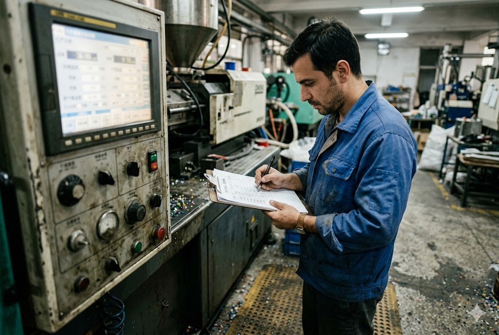 In-Production Quality Control Quality inspector recording data on clipboard beside injection molding machine (ID#2)