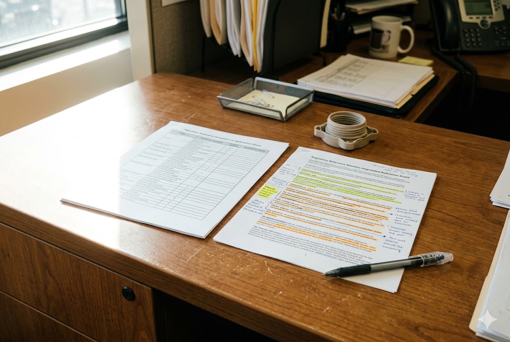 Parts Quality Compliance Docs Highlighted regulatory reference sheets with quality checklist on office desk (ID#2)