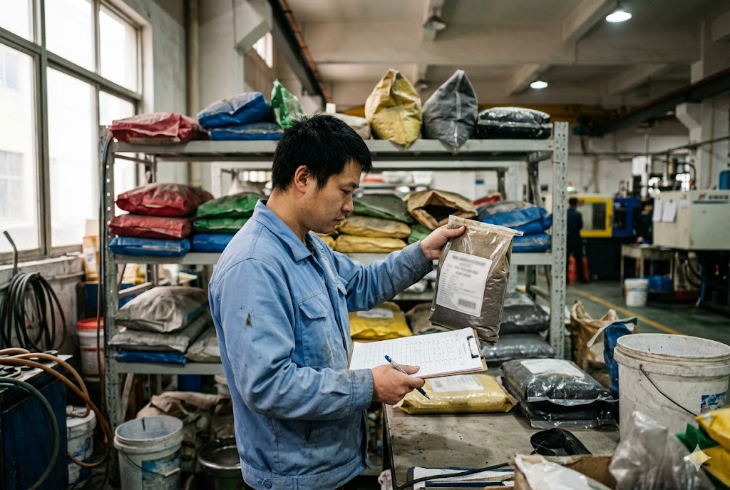 Factory Raw Material Inspection Factory worker inspecting raw material bags with clipboard in manufacturing plant (ID#2)