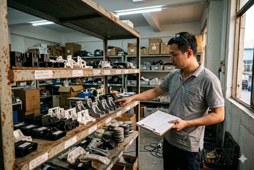 China Parts Supplier Audit Quality inspector auditing custom mechanical parts inventory on factory shelves (ID#2)