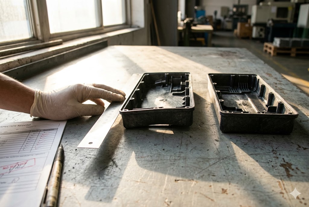 Parts Quality Inspection Gloved QC inspector measuring custom molded parts with inspection record (ID#2)