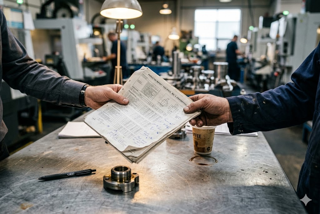 Custom Parts Inspection Report Two professionals exchanging production inspection report at CNC machine shop (ID#2)