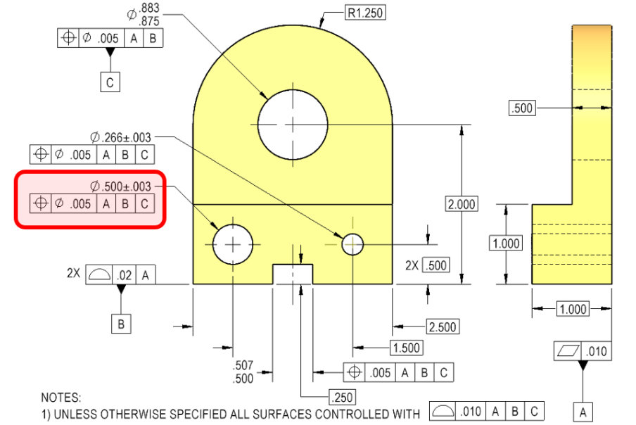 Precision Part Tolerance Drawing Engineering drawing showing GD&T tolerances for custom machined part (ID#2)