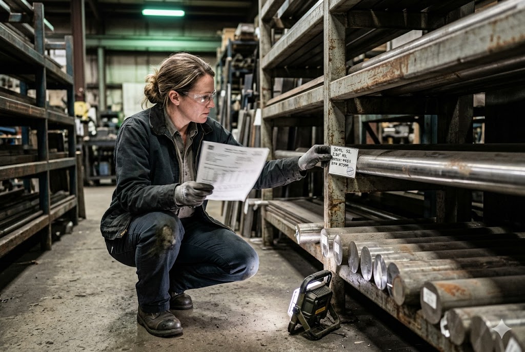 Metal Parts Quality Inspection Quality inspector verifying steel bar stock against spec sheet in warehouse (ID#3)