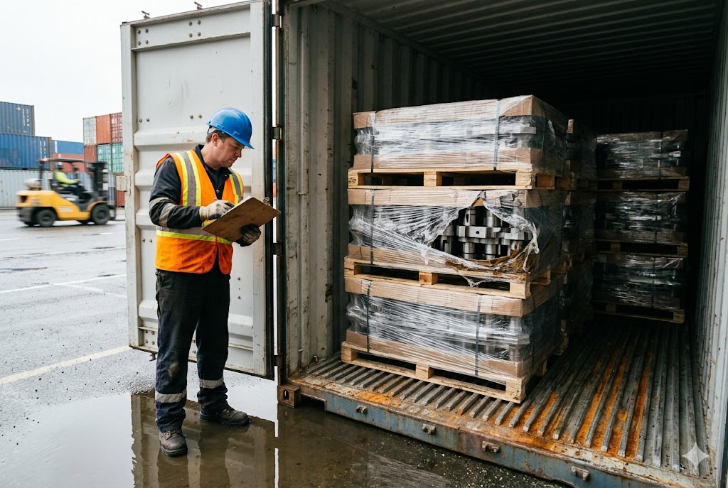 Parts Shipment Inspection Inspector checking palletized custom mechanical parts shipment at container port (ID#3)