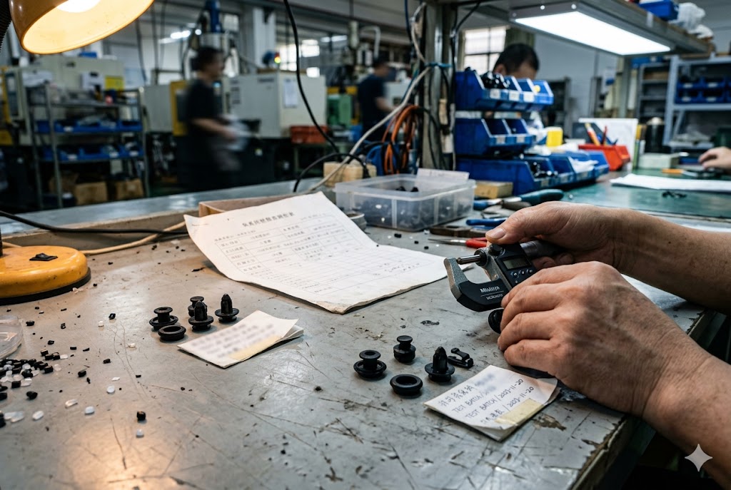 Parts Quality Inspection Factory quality inspector measuring custom mechanical parts with digital micrometer (ID#3)