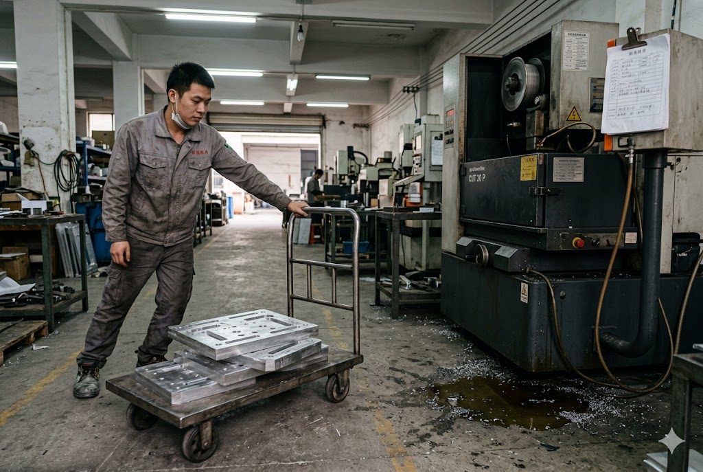 Custom Mold Parts Production Factory worker transporting precision machined aluminum mold plates on cart in manufacturing workshop (ID#3)