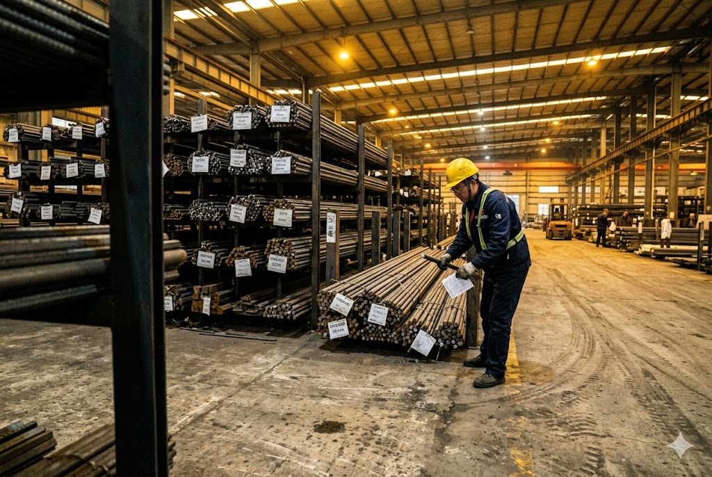 Steel Bar Warehouse China Warehouse worker handling labeled steel bars in Chinese mechanical parts factory (ID#3)