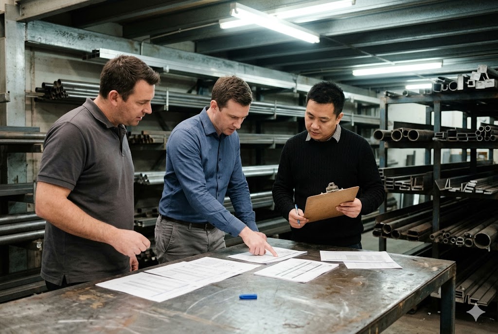 Factory Supplier Audit Review Three engineers reviewing custom mechanical part drawings during factory supplier audit (ID#3)
