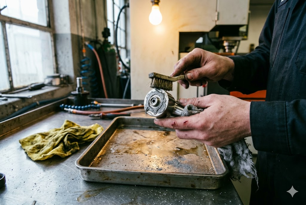 Custom Parts Quality Inspection Machinist hand-cleaning custom mechanical component with wire brush in workshop (ID#3)