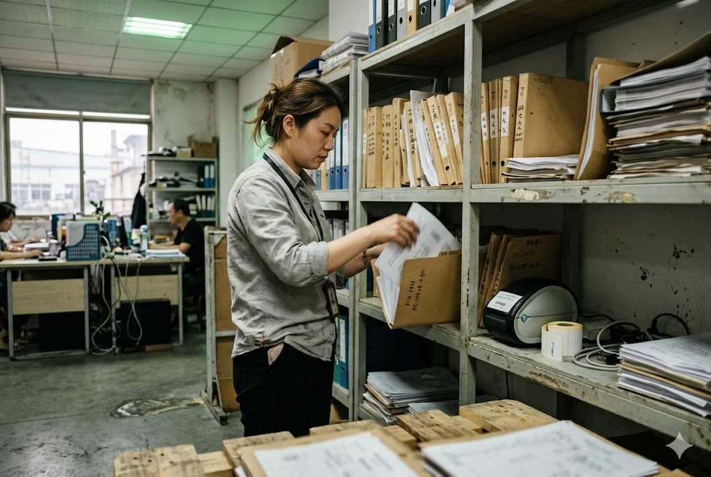Order Management Team Supply chain project manager organizing order documents in China mechanical parts office (ID#3)