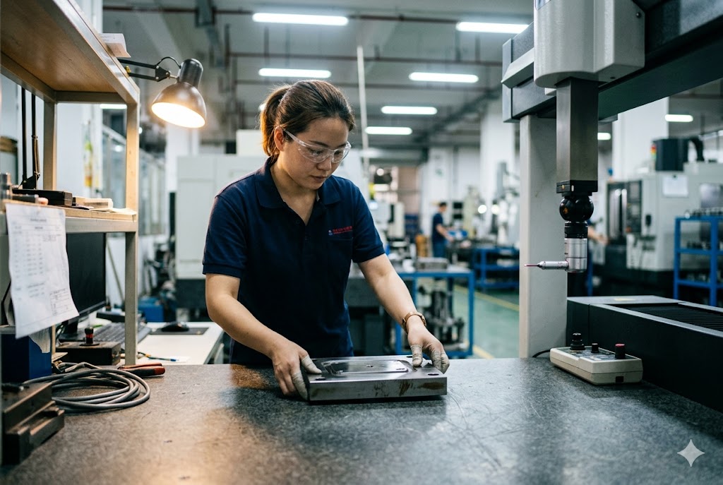 Precision Parts Quality Inspection Quality inspector measuring custom mechanical part on CMM inspection table (ID#3)