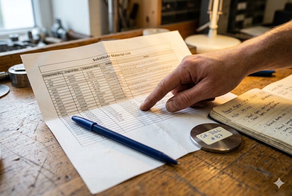 Material Spec Quality Check Quality inspector pointing at substitute material list for custom mechanical parts (ID#3)