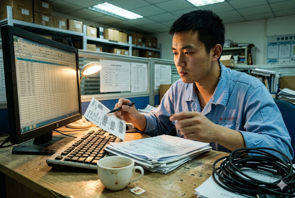 Parts Order Tracking Order management staff scanning barcodes and verifying custom parts shipment records (ID#3)