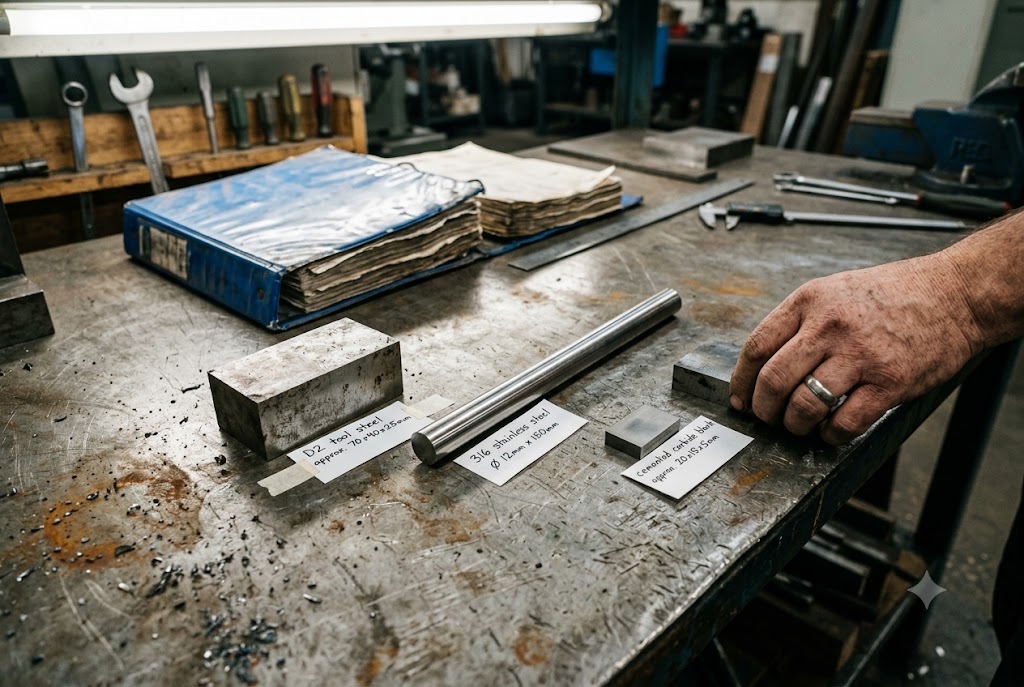 Custom Steel Material Samples Machinist presenting labeled steel material samples on workbench for custom parts (ID#3)