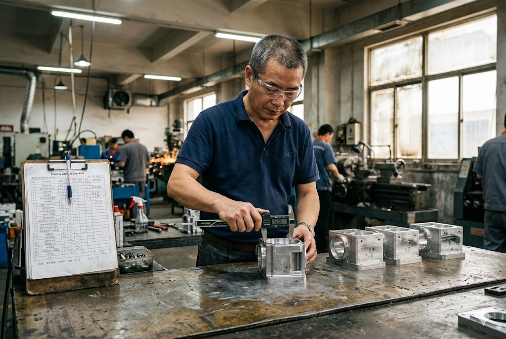 CNC Parts Quality Inspection QC inspector measuring custom aluminum mechanical parts with calipers in factory (ID#3)