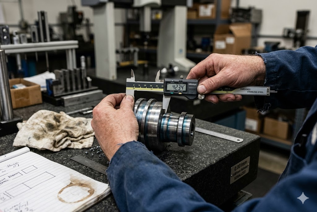 Precision Quality Inspection Quality inspector measuring machined steel part dimensions with digital caliper (ID#3)
