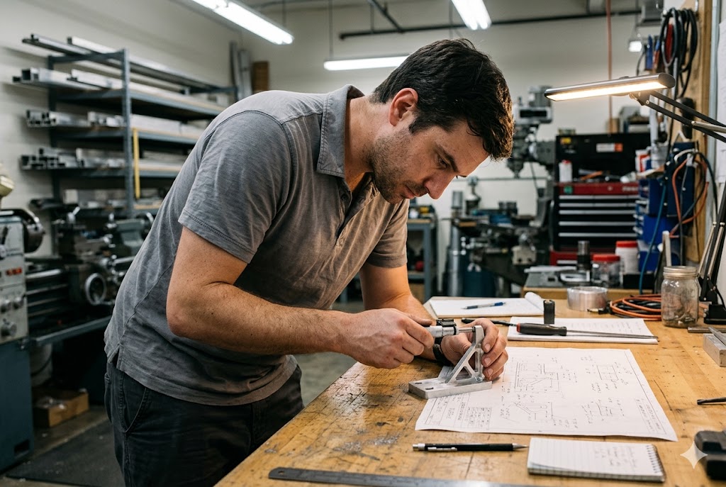Precision Dimensional Inspection Process Engineer measuring custom machined part with caliper against technical drawing (ID#3)