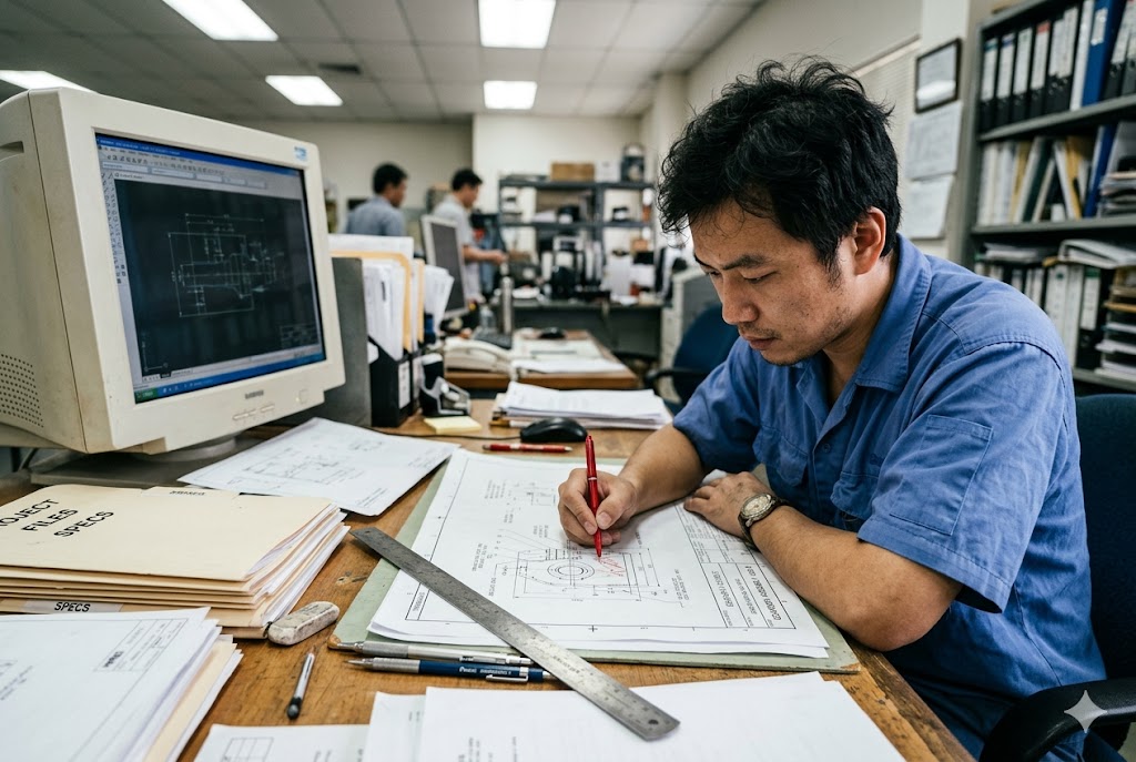 Engineer Reviewing CAD Drawings Mechanical engineer reviewing CAD technical drawings for custom parts project management (ID#3)