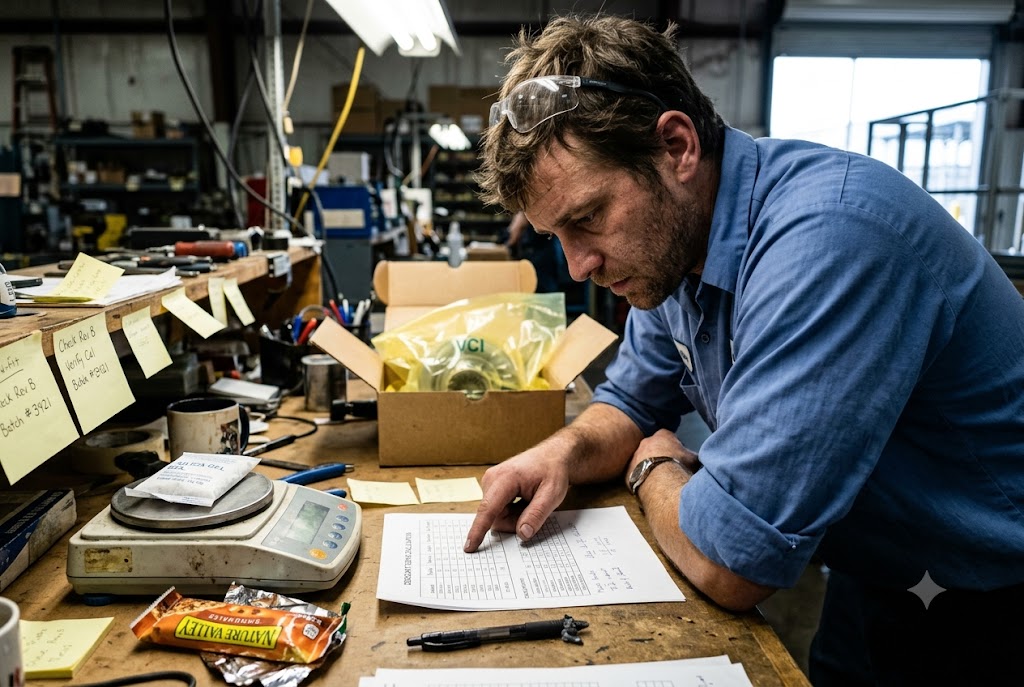 Parts Quality Inspection Quality engineer reviewing inspection checklist for custom mechanical parts batch (ID#3)